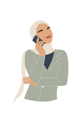 Wall Mural - Muslim woman uses a phone. Hijab girl talks on smartphone. Modern vector illustration isolated on white background.