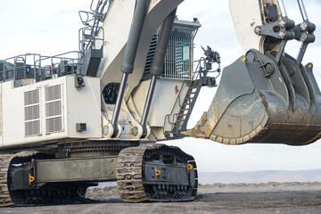 Wall Mural - Big excavator in coal mine at cloudy day, low angle view