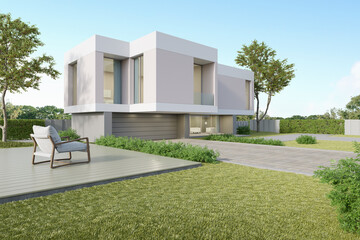 Poster - 3d rendering of white luxury house with garage and garden, Modern architecture design.