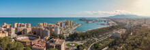 Panoramic View Of Coast Of Malaga That Includes Port And Bullring From Elevated View