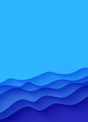 Wall Mural - Abstract background with water waves in paper cut style. 3d wallpaper with cut out deep wavy modern cover. Blue color layers with smooth shadow papercut art. Vector illustration, origami shapes