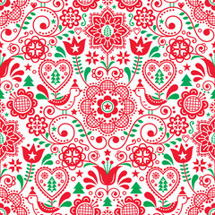Poster - Christmas seamless folk art vector pattern with birds in winter hats, snowflakes, Christmas trees and flowers, Scandinavian festive floral design in red and green
