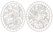 Set Contour Illustrations In The Stained Glass Style Snail On Mushroom, Dark Outline On A White Background