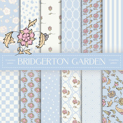 set of cloud blue and cream white seamless patterns with paisley ornaments and classic geometric sha
