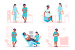 Black pregnant woman visiting doctor for examination, sonographer scanning, preparing for childbirth. Happy future mother at medical checkup. Pregnancy and maternity concept. Vector flat illustration