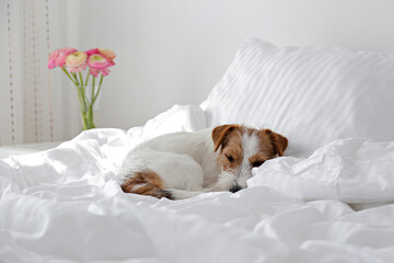 Wall Mural - Cute wire haired Jack Russel terrier puppy with folded ears on a bed with white linens. Small rough coated doggy on white bedsheets. Close up, copy space, background.