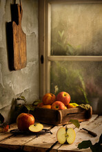 Fine Art Photography. Apples In Old Kitchen In A Rainy Day.