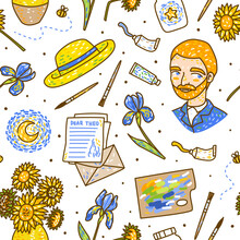 Seamless Pattern With Cartoon Portrait And Van Gogh Style Elements Isolated On White - Sunflowers, Irises, Palette, Oil Paints, Brushes, Letters For Your Art Design