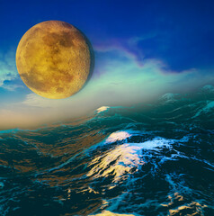 Wall Mural - beautiful fantastic landscape of the night sky moon and ocean sea. 