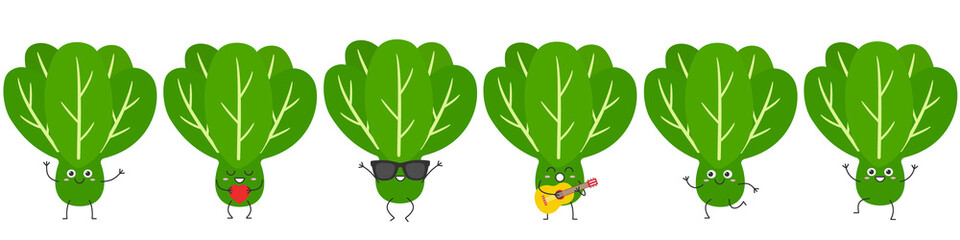 Wall Mural - Lettuce leaves green salad cute character cartoon greeting jumping loves sings running smiling face happy joy emotions icon vector illustration.