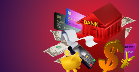 Poster - Banking business. Financial services symbols on colorful background. Payment cards and cash next to bank. Copy Space about banking business. Visualization of money and credit cards. 3d rendering.