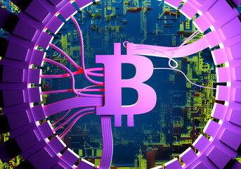 Poster - Bitcoin technology. Bitcoin Label with wires and diagrams. Bitcoin Technology for mining. Getting cryptocurrencies through mining. Money blockchain symbol in neon light. Electronic money. 3d image.