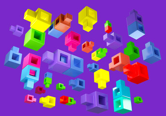 Poster - Children designer. Multi-colored constructor's cubes in different positions. Educational plastic cubes for children. Elements of toy constructor close-up. Colorful toy blocks on purple. 3d image.