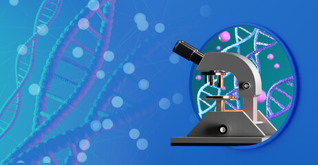 Poster - genetic research. microscope with dna. study of human genome. checking genetic data under microscope