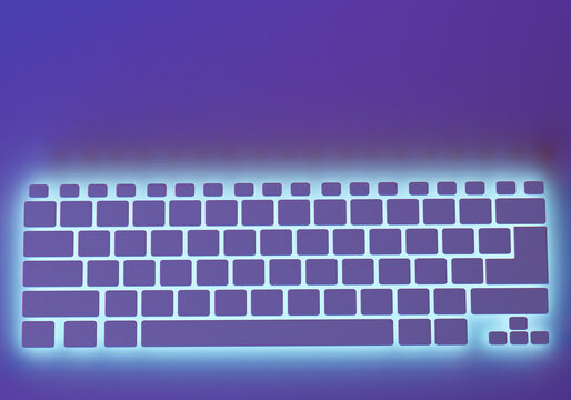 Keyboard buttons without anything. Keyboard outline on purple background. Copy Space on topic of electronics. Concept computer technology. Place for your text. Illuminated computer buttons. 3d image