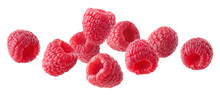 Various Falling Fresh Ripe Raspberries On White Background