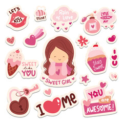 Wall Mural - Set of Cartoon Kawaii Girly Sticker Set Vector Illustration