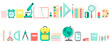 © Natalia - Flat design of school tools, supplies, stationery . Set of colored icons, pictograms. Pen, globe, backpack, ruler, book, brush, pencil and other items. Vector illustration isolated on white