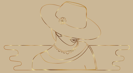 Wall Mural - One-line drawing! A woman in a hat that covers face, a necklace. Mysterious image. The golden gradient fills the contour and makes the backdrop unique, spectacular and precious. Light-brown background