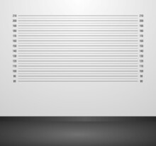 Vector Illustration Room With Police Mugshot Background. Police Lineup Background With Centimeter Scale. Police Mugshot Board Template.
