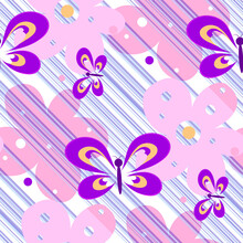 Vector Floral Seamless Pattern Pink Flowers With Decorative Butterflies On A White Background With Diagonal Lilac Lines For The Design Of Textiles, Paper