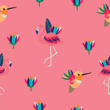 Pink Seamless Pattern With Pink Flamingos, Exotic Birds And Plants. Design For Fabric, Wallpaper, Textile And Decor.