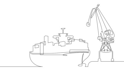 Poster - one continuous line. cargo seaport. pier with loading cranes. unloading arrived cargoes. port dock. 