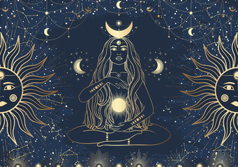 hand drawn card of golden mystical woman with sun, moon, star in line art. constellation celestial s