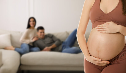 Wall Mural - Surrogacy concept. Young pregnant woman and blurred view of happy couple indoors