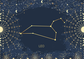 Wall Mural - Hand drawn card of golden Leo, Sun, Moon, star. Constellation celestial space. Zodiac horoscope symbol, star astrology, astrology sign, icon. Magic space galaxy, vector sketch illustration