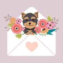 The Character Of Cute Yorkshire Terrier Dog Sitting In The Letter With Heart Sticker And Flower In Flat Vector. Illustration About Love And Valentin's Day.