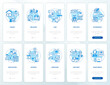 Social institutions blue onboarding mobile app screen set. Walkthrough 5 steps graphic instructions pages with linear concepts. UI, UX, GUI template. Myriad Pro-Bold, Regular fonts used