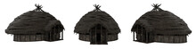 Round Shaped Medieval Building With Thatched Roof. 3D Rendering With 3 Views Isolated On White With Clipping Path.