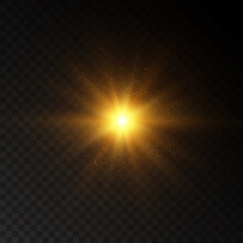 Bright Yellow Golden Glow Light Effect With Rays And Glare For Vector Illustration. Bright Sun