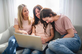 Fototapeta  - smiling best girl friends blond and brunette sit on sofa with laptop