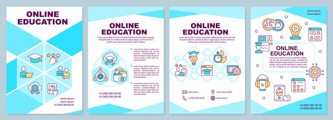 Wall Mural - Online education blue brochure template. Learning trend. Leaflet design with linear icons. 4 vector layouts for presentation, annual reports. Arial-Black, Myriad Pro-Regular fonts used
