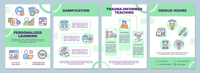 Education types and techniques green brochure template. Learning trends. Leaflet design with linear icons. 4 vector layouts for presentation, annual reports. Arial-Black, Myriad Pro-Regular fonts used