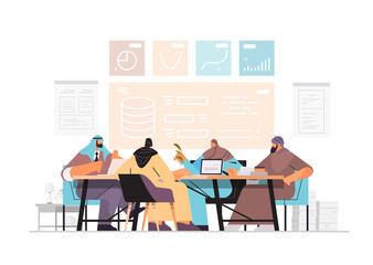 Poster - businesspeople analyzing financial data on charts and graphs during conference meeting planning repo