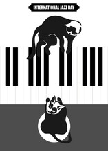 International Jazz Day Music Negative Space Style Vector Poster For Jazz Festival Or Night Blues Retro Party. Cat Lies On The Lid Of The Piano. Cat Sits On A Chair And Plays The Piano. Negative Space 