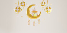 3d Metallic Gold Modern Islamic Holiday Banner Poster, Suitable For Ramadan, EId Al FItr, Eid Al Adha Greeting Card. Golden Hanging Ketupat, Crescent Moon, Lantern, And Mosque Ornament Background