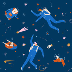 Wall Mural - space adventure pattern with boy, girl, dog and robot astronaut explore cosmos seamless pattern. kid