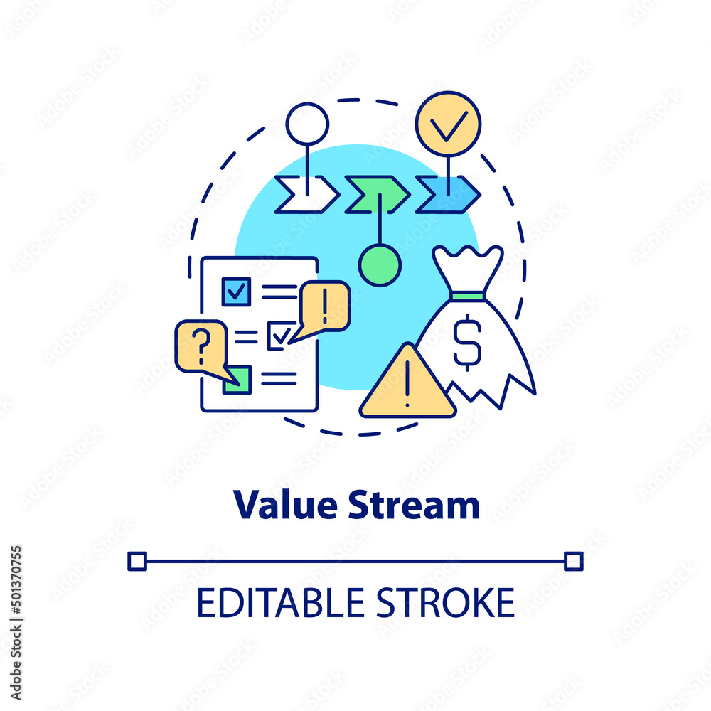 Value Stream Overview Lettering Value stream concept icon. Steps and processes. Lean manufacturing key ...