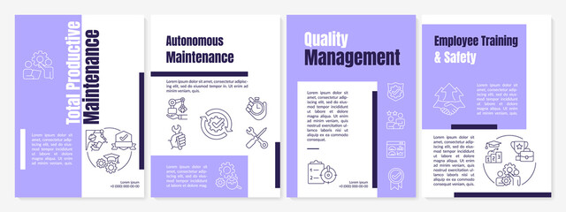 Total productive maintenance purple brochure template. Equipment improvement. Leaflet design with linear icons. 4 vector layouts for presentation, annual reports. Anton, Lato-Regular fonts use