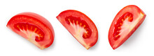 Tomato Slice Isolated. Tomato Slices Top View On White Background. Set Of Tomato Pieces With Clipping Path.