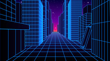Neon City Landscape With Synthwave Or 80s Arcade Style. Abstract Wireframe Buildings On The Retro Gaming Street.