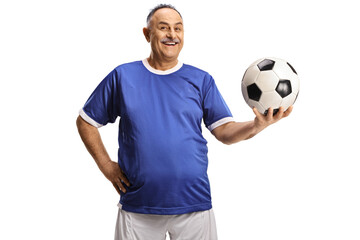 Sticker - Cheerful mature man in a football jersey holding a ball and smiling