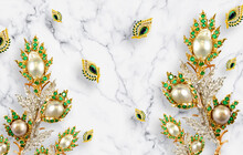 3D Wallpaper Golden Broach And Green Diamond With Marble