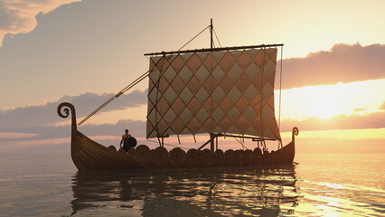 Wall Mural - Wikingerschiff bei Sonnenuntergang