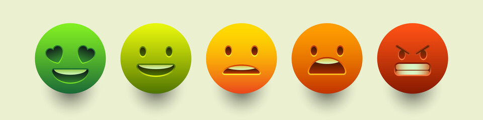 Rating scale or pain scale in the form of emoticons. From red to green smiley. Vector 3d clipart isolated on white background.