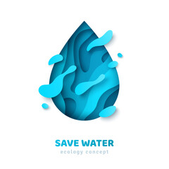 Wall Mural - Paper cut blue drop, papercut art cartoon style. Modern origami droplet icon, raindrop splash design template. Save water ecology concept creative logo. Vector illustration.